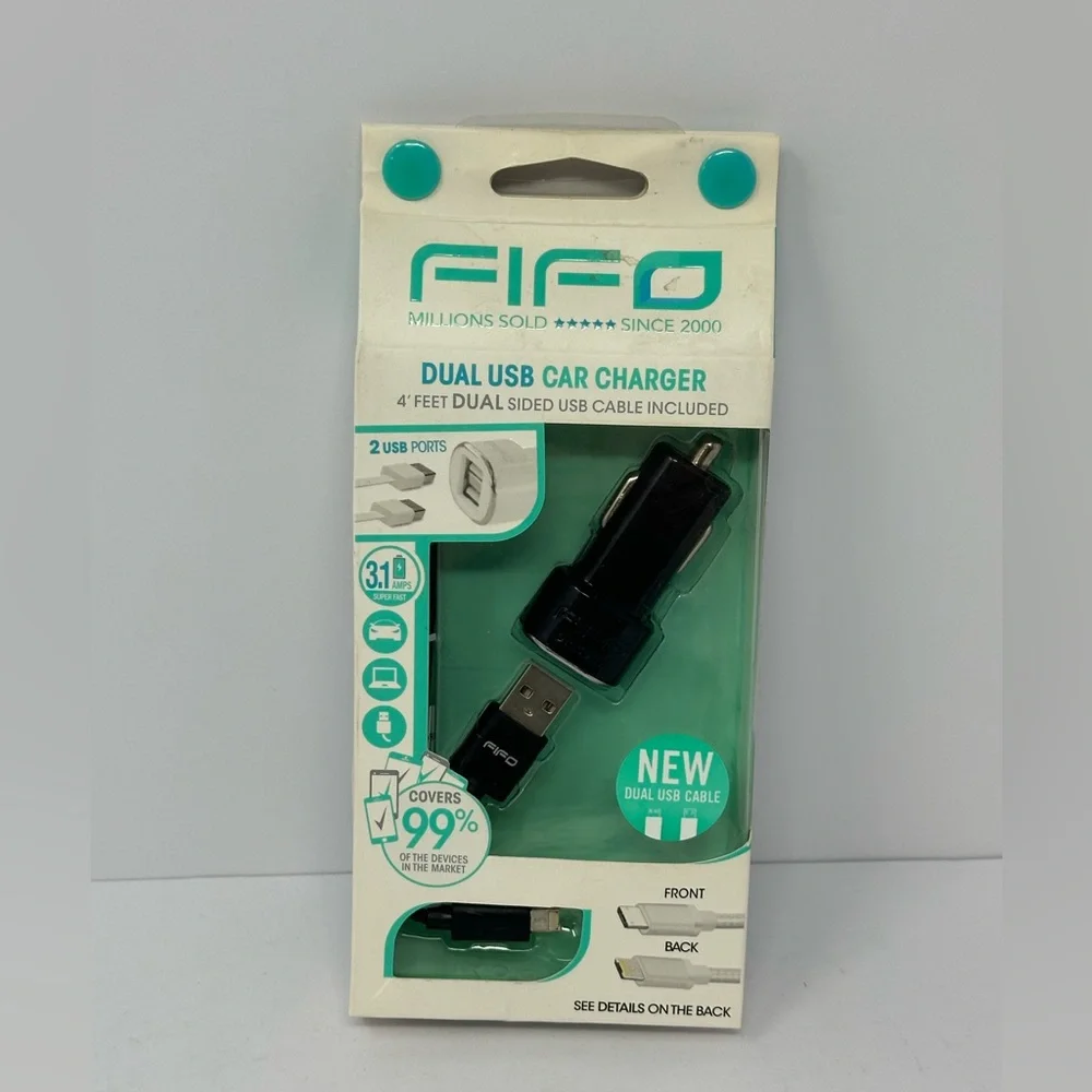 Fifo IPRO USB Car Charger 4ft dual sided cable Black Android and Apple Dual Port
